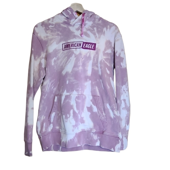 American Eagle pink white reverse Tie Dye long-sleeved hooded sweater - Picture 1 of 11